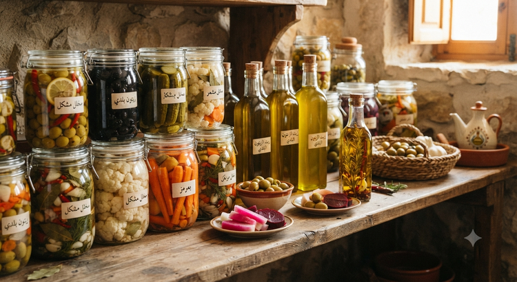 Oils & Pickled Preserves - olive oil, mixed pickles, olives
